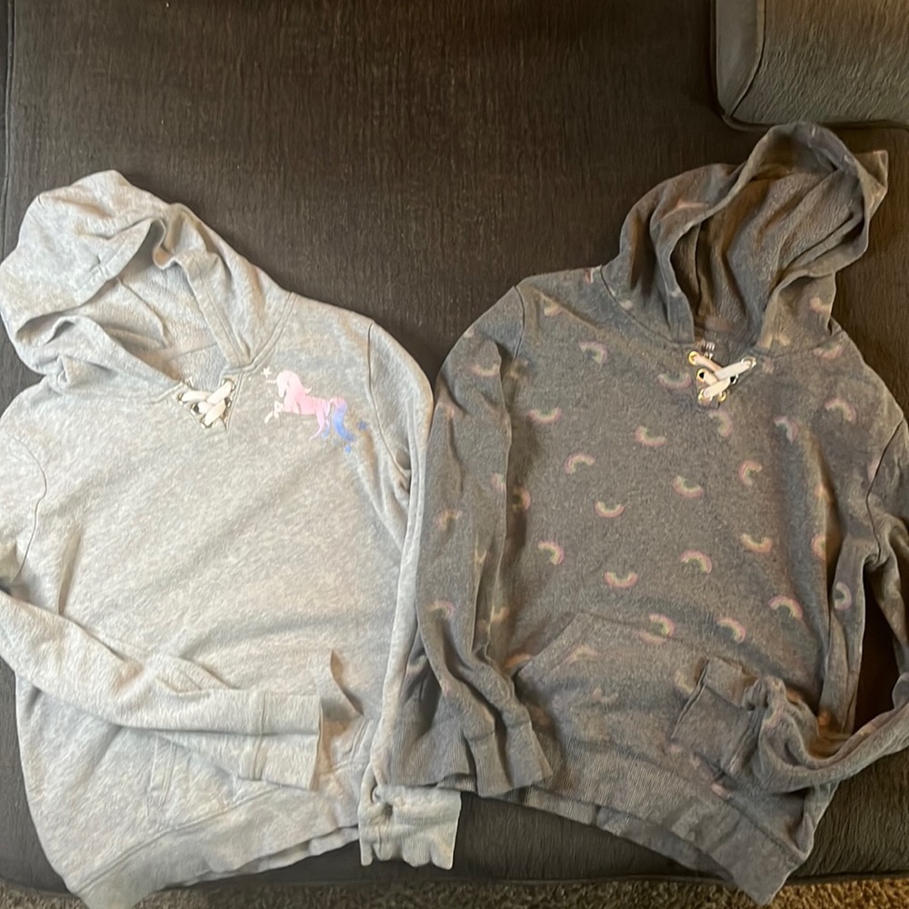 SO “Perfect Hoodie” Light Gray Unicorn, Dark Gray Rainbows Girls 14